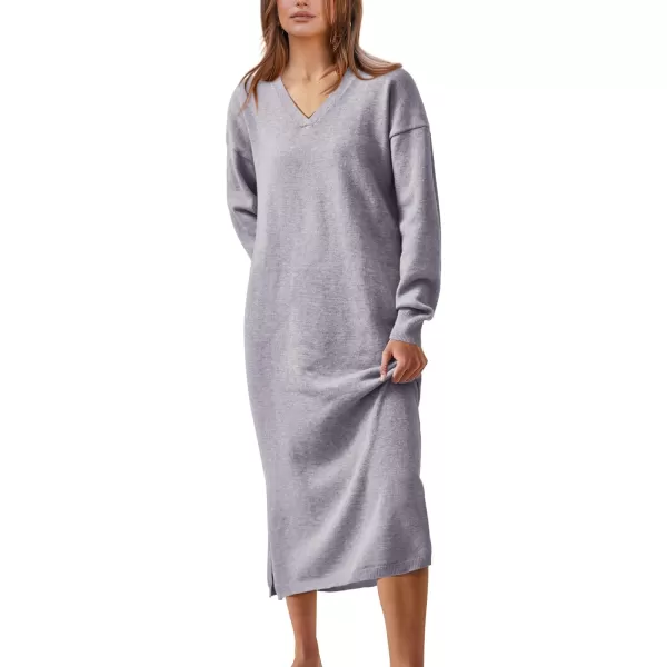 imageBTFBM Women Fall Sweater Dress V Neck Long Sleeve Slit Maxi Dresses Casual Knit Oversized Sweaters 2023 Winter ClothesSolid Grey