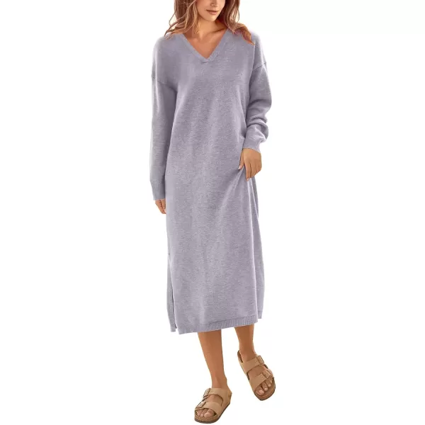 imageBTFBM Women Fall Sweater Dress V Neck Long Sleeve Slit Maxi Dresses Casual Knit Oversized Sweaters 2023 Winter ClothesSolid Grey
