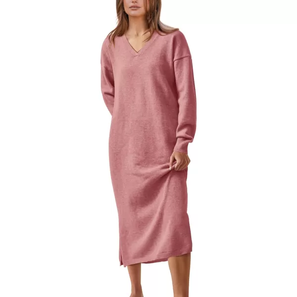 imageBTFBM Women Fall Sweater Dress V Neck Long Sleeve Slit Maxi Dresses Casual Knit Oversized Sweaters 2023 Winter ClothesSolid Pink