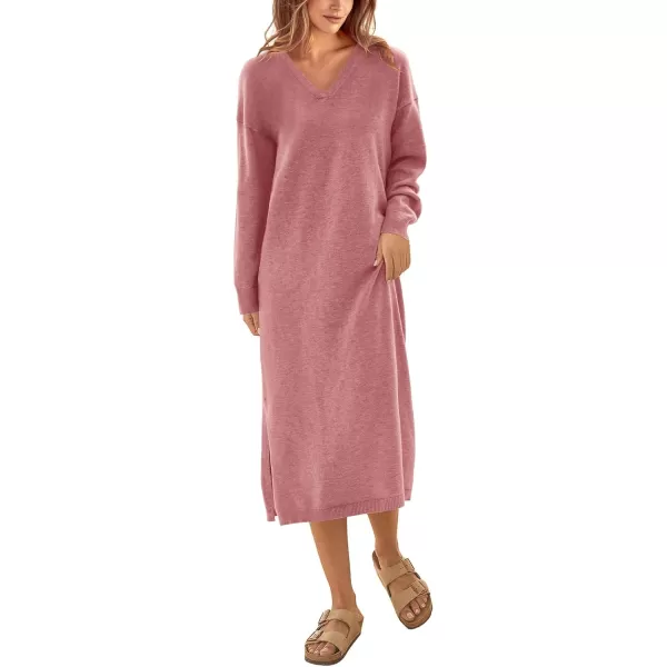 imageBTFBM Women Fall Sweater Dress V Neck Long Sleeve Slit Maxi Dresses Casual Knit Oversized Sweaters 2023 Winter ClothesSolid Pink