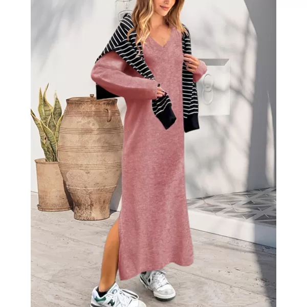 imageBTFBM Women Fall Sweater Dress V Neck Long Sleeve Slit Maxi Dresses Casual Knit Oversized Sweaters 2023 Winter ClothesSolid Pink