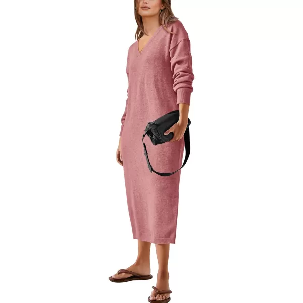 imageBTFBM Women Fall Sweater Dress V Neck Long Sleeve Slit Maxi Dresses Casual Knit Oversized Sweaters 2023 Winter ClothesSolid Pink