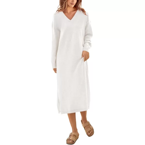imageBTFBM Women Fall Sweater Dress V Neck Long Sleeve Slit Maxi Dresses Casual Knit Oversized Sweaters 2023 Winter ClothesSolid White