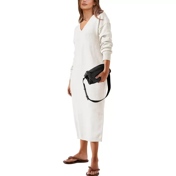 imageBTFBM Women Fall Sweater Dress V Neck Long Sleeve Slit Maxi Dresses Casual Knit Oversized Sweaters 2023 Winter ClothesSolid White