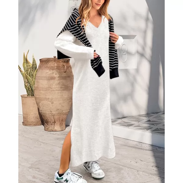 imageBTFBM Women Fall Sweater Dress V Neck Long Sleeve Slit Maxi Dresses Casual Knit Oversized Sweaters 2023 Winter ClothesSolid White