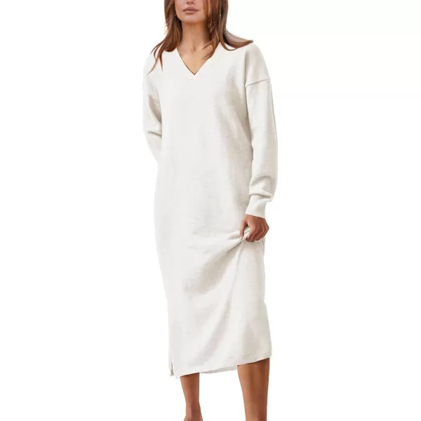 imageBTFBM Women Fall Sweater Dress V Neck Long Sleeve Slit Maxi Dresses Casual Knit Oversized Sweaters 2023 Winter ClothesSolid White