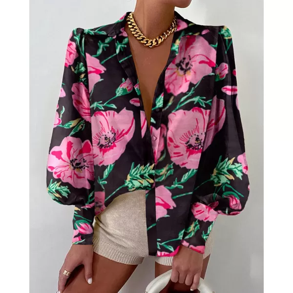 imageBTFBM Women Fashion Button Down Shirts Lapel V Neck Printed Boho Long Sleeve Blouses Dressy Casual Summer Spring TopsBig Floral Black Pink