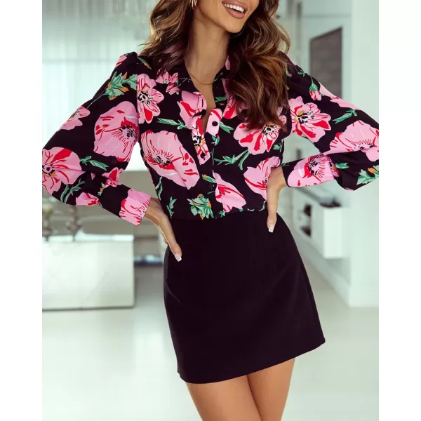 imageBTFBM Women Fashion Button Down Shirts Lapel V Neck Printed Boho Long Sleeve Blouses Dressy Casual Summer Spring TopsBig Floral Black Pink