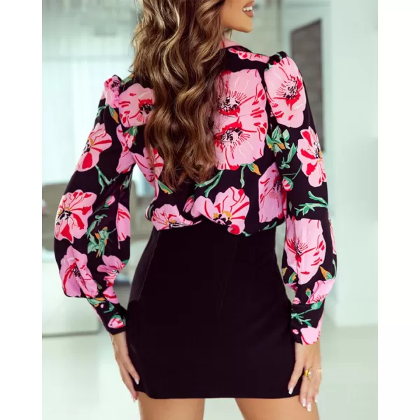 imageBTFBM Women Fashion Button Down Shirts Lapel V Neck Printed Boho Long Sleeve Blouses Dressy Casual Summer Spring TopsBig Floral Black Pink