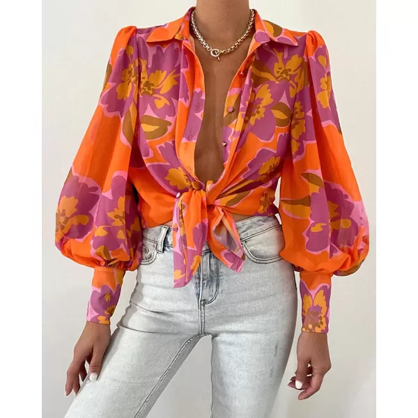 imageBTFBM Women Fashion Button Down Shirts Lapel V Neck Printed Boho Long Sleeve Blouses Dressy Casual Summer Spring TopsFloral Orange Purple