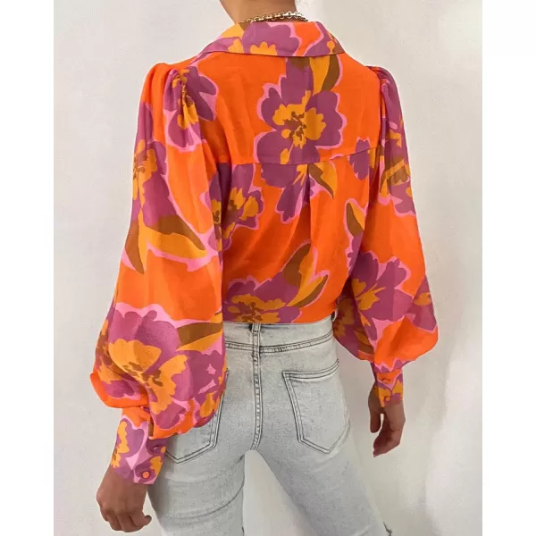 imageBTFBM Women Fashion Button Down Shirts Lapel V Neck Printed Boho Long Sleeve Blouses Dressy Casual Summer Spring TopsFloral Orange Purple