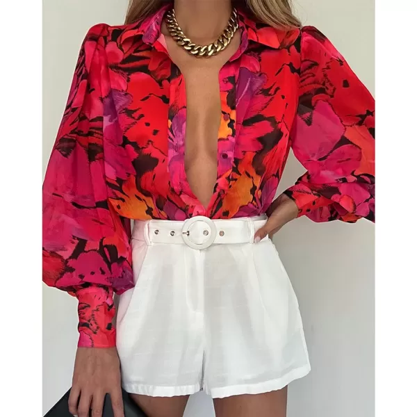 imageBTFBM Women Fashion Button Down Shirts Lapel V Neck Printed Boho Long Sleeve Blouses Dressy Casual Summer Spring TopsFloral Red
