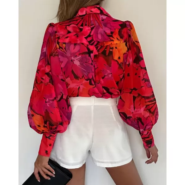 imageBTFBM Women Fashion Button Down Shirts Lapel V Neck Printed Boho Long Sleeve Blouses Dressy Casual Summer Spring TopsFloral Red