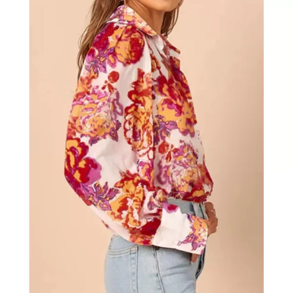 imageBTFBM Women Fashion Button Down Shirts Lapel V Neck Printed Boho Long Sleeve Blouses Dressy Casual Summer Spring TopsFloral White Red