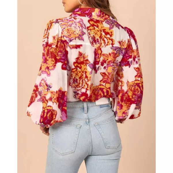 imageBTFBM Women Fashion Button Down Shirts Lapel V Neck Printed Boho Long Sleeve Blouses Dressy Casual Summer Spring TopsFloral White Red
