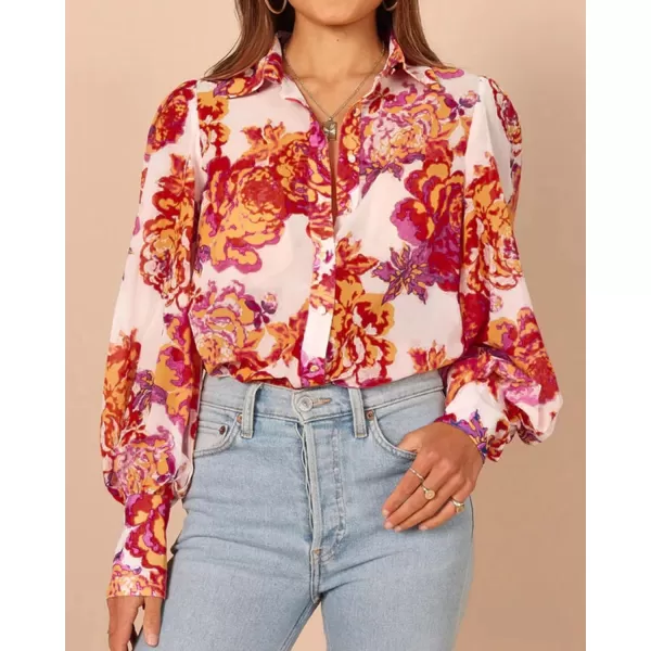 imageBTFBM Women Fashion Button Down Shirts Lapel V Neck Printed Boho Long Sleeve Blouses Dressy Casual Summer Spring TopsFloral White Red