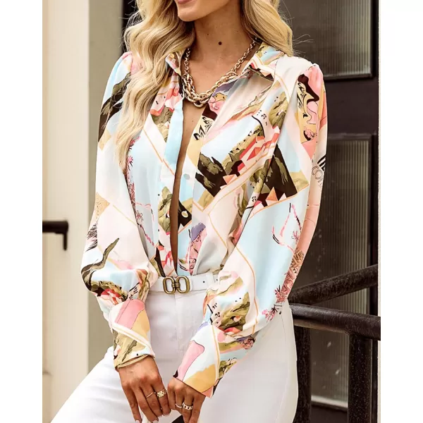 imageBTFBM Women Fashion Button Down Shirts Lapel V Neck Printed Boho Long Sleeve Blouses Dressy Casual Summer Spring TopsGraphic Print