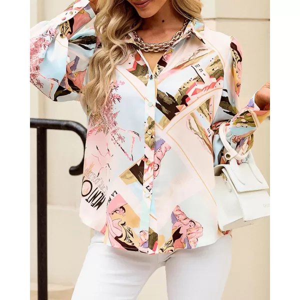 imageBTFBM Women Fashion Button Down Shirts Lapel V Neck Printed Boho Long Sleeve Blouses Dressy Casual Summer Spring TopsGraphic Print