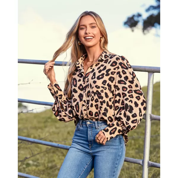 imageBTFBM Women Fashion Button Down Shirts Lapel V Neck Printed Boho Long Sleeve Blouses Dressy Casual Summer Spring TopsLeopard Print