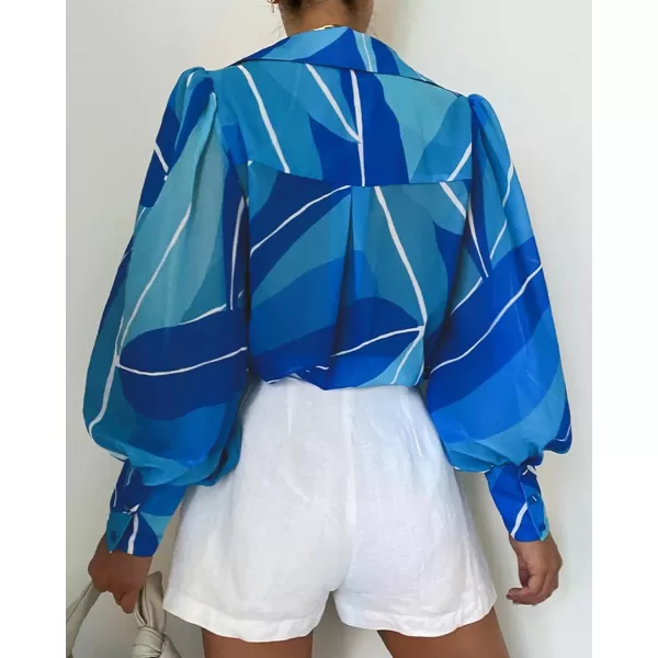 imageBTFBM Women Fashion Button Down Shirts Lapel V Neck Printed Boho Long Sleeve Blouses Dressy Casual Summer Spring TopsMulti Blue