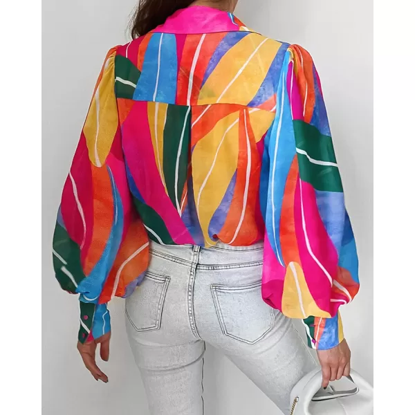 imageBTFBM Women Fashion Button Down Shirts Lapel V Neck Printed Boho Long Sleeve Blouses Dressy Casual Summer Spring TopsMulticolored