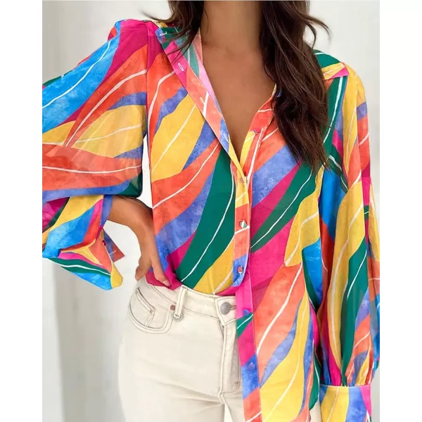 imageBTFBM Women Fashion Button Down Shirts Lapel V Neck Printed Boho Long Sleeve Blouses Dressy Casual Summer Spring TopsMulticolored