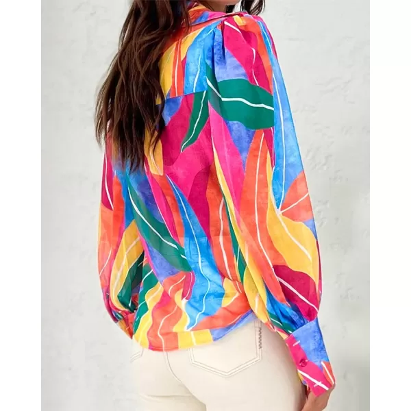 imageBTFBM Women Fashion Button Down Shirts Lapel V Neck Printed Boho Long Sleeve Blouses Dressy Casual Summer Spring TopsMulticolored