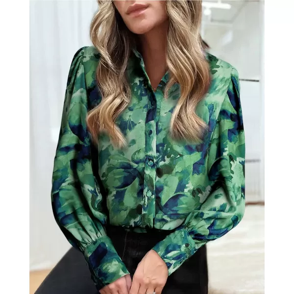imageBTFBM Women Fashion Button Down Shirts Lapel V Neck Printed Boho Long Sleeve Blouses Dressy Casual Summer Spring TopsPrint Green