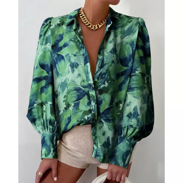 imageBTFBM Women Fashion Button Down Shirts Lapel V Neck Printed Boho Long Sleeve Blouses Dressy Casual Summer Spring TopsPrint Green