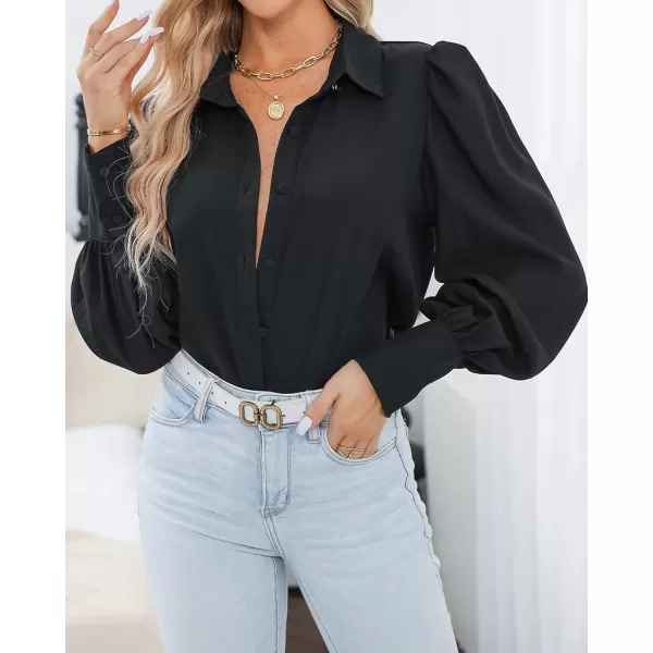imageBTFBM Women Fashion Button Down Shirts Lapel V Neck Printed Boho Long Sleeve Blouses Dressy Casual Summer Spring TopsSolid Black