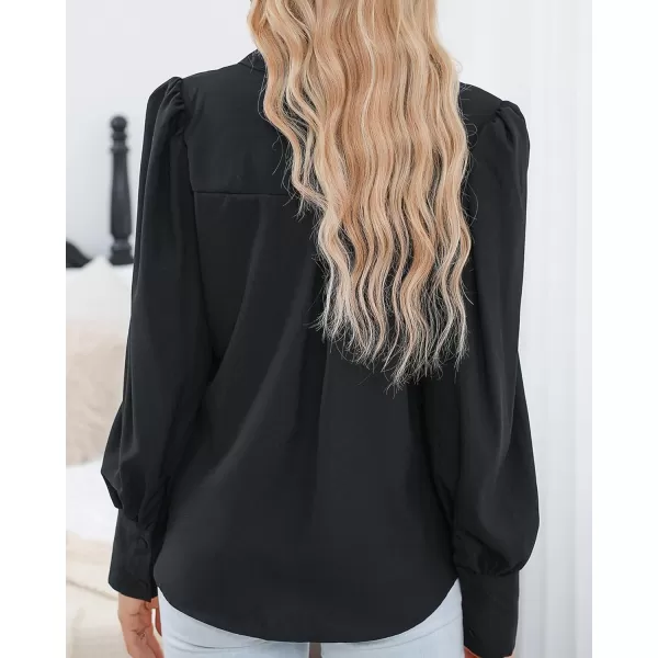 imageBTFBM Women Fashion Button Down Shirts Lapel V Neck Printed Boho Long Sleeve Blouses Dressy Casual Summer Spring TopsSolid Black