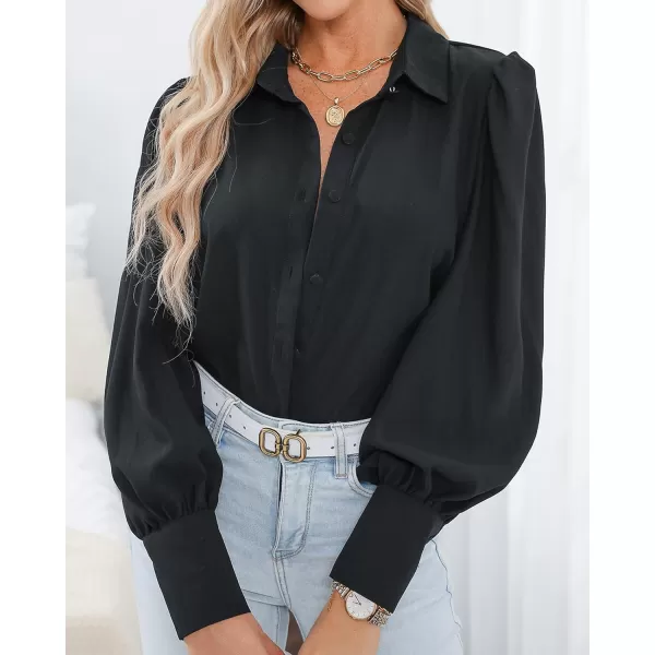 imageBTFBM Women Fashion Button Down Shirts Lapel V Neck Printed Boho Long Sleeve Blouses Dressy Casual Summer Spring TopsSolid Black