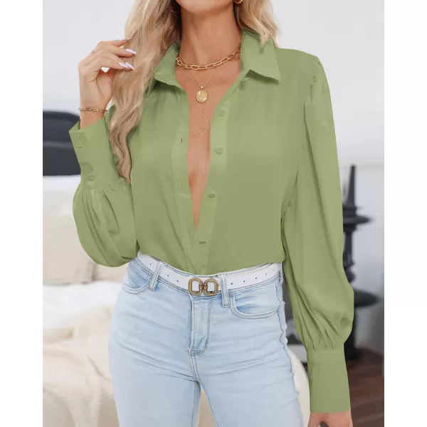 imageBTFBM Women Fashion Button Down Shirts Lapel V Neck Printed Boho Long Sleeve Blouses Dressy Casual Summer Spring TopsSolid Green