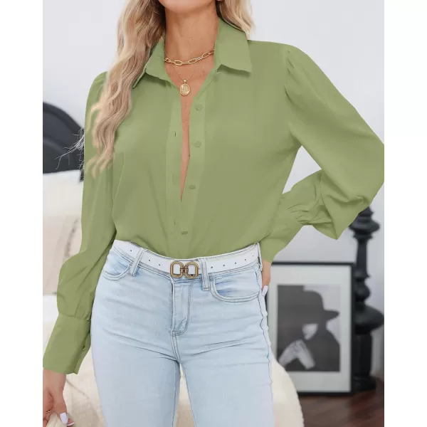 imageBTFBM Women Fashion Button Down Shirts Lapel V Neck Printed Boho Long Sleeve Blouses Dressy Casual Summer Spring TopsSolid Green