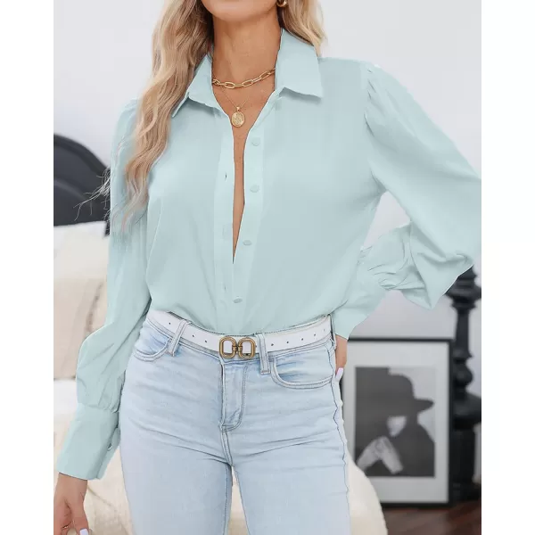 imageBTFBM Women Fashion Button Down Shirts Lapel V Neck Printed Boho Long Sleeve Blouses Dressy Casual Summer Spring TopsSolid Light Blue