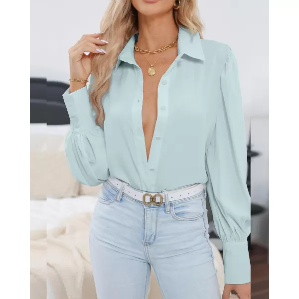 imageBTFBM Women Fashion Button Down Shirts Lapel V Neck Printed Boho Long Sleeve Blouses Dressy Casual Summer Spring TopsSolid Light Blue