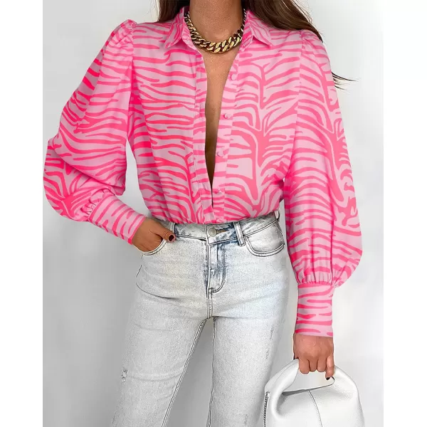 imageBTFBM Women Fashion Button Down Shirts Lapel V Neck Printed Boho Long Sleeve Blouses Dressy Casual Summer Spring TopsStriped Pink