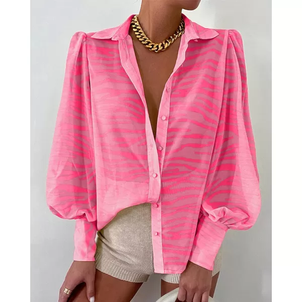 imageBTFBM Women Fashion Button Down Shirts Lapel V Neck Printed Boho Long Sleeve Blouses Dressy Casual Summer Spring TopsStriped Pink