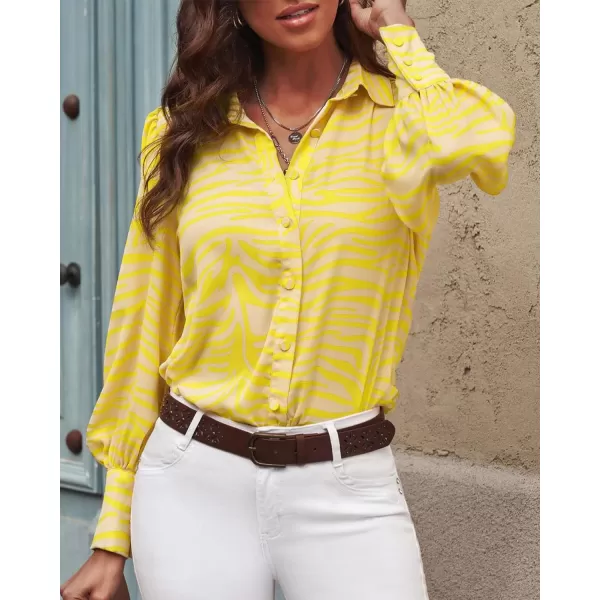 imageBTFBM Women Fashion Button Down Shirts Lapel V Neck Printed Boho Long Sleeve Blouses Dressy Casual Summer Spring TopsStriped Yellow