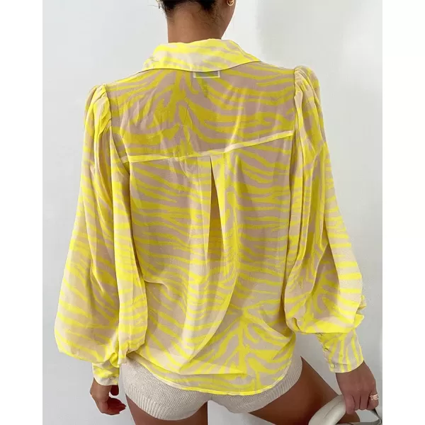 imageBTFBM Women Fashion Button Down Shirts Lapel V Neck Printed Boho Long Sleeve Blouses Dressy Casual Summer Spring TopsStriped Yellow