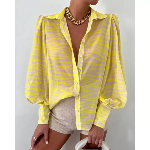 imageBTFBM Women Fashion Button Down Shirts Lapel V Neck Printed Boho Long Sleeve Blouses Dressy Casual Summer Spring TopsStriped Yellow