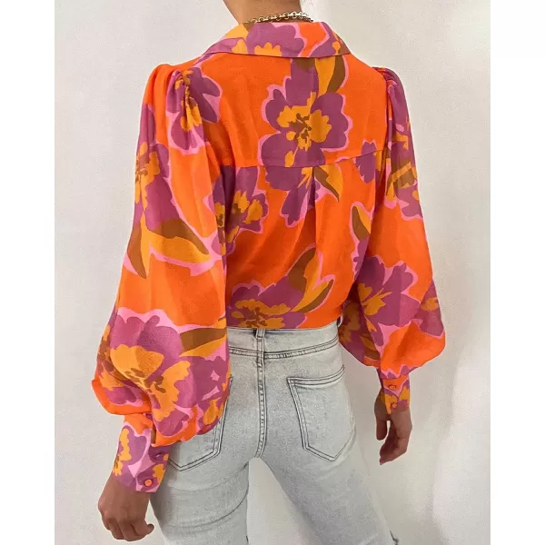 imageBTFBM Women Fashion Button Down Shirts Lapel V Neck Printed Casual Long Sleeve Blouse Boho Dressy Summer Fall Tops 2023Floral Orange Purple