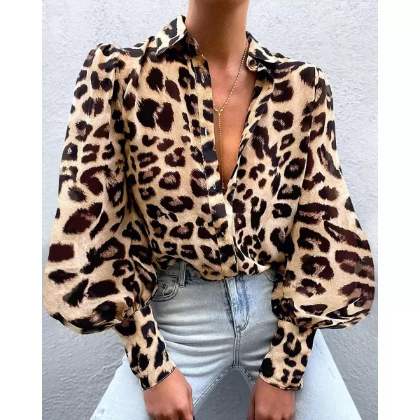 imageBTFBM Women Fashion Button Down Shirts Lapel V Neck Printed Casual Long Sleeve Blouse Boho Dressy Summer Fall Tops 2023Leopard Print