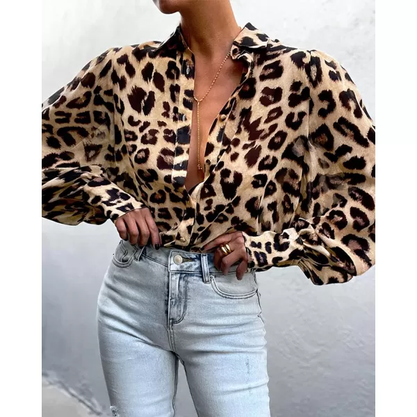 imageBTFBM Women Fashion Button Down Shirts Lapel V Neck Printed Casual Long Sleeve Blouse Boho Dressy Summer Fall Tops 2023Leopard Print
