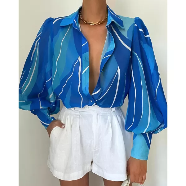 imageBTFBM Women Fashion Button Down Shirts Lapel V Neck Printed Casual Long Sleeve Blouse Boho Dressy Summer Fall Tops 2023Multi Blue