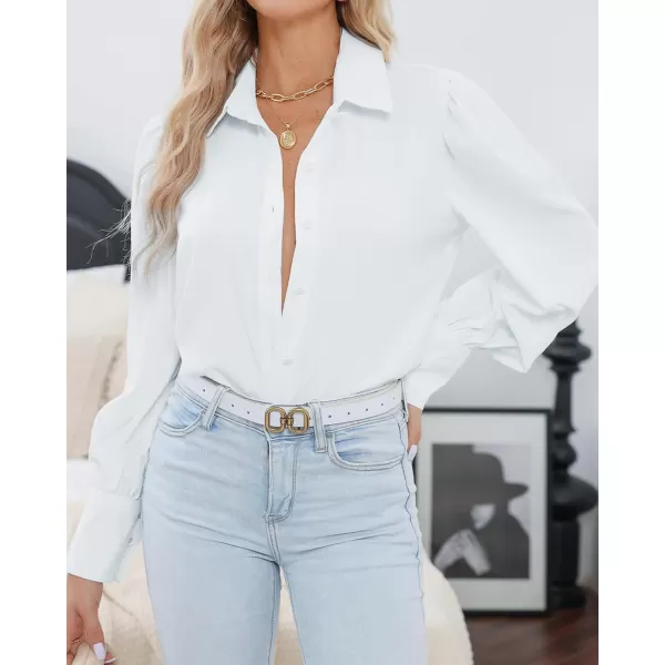 imageBTFBM Women Fashion Button Down Shirts Lapel V Neck Printed Casual Long Sleeve Blouse Boho Dressy Summer Fall Tops 2023Solid White