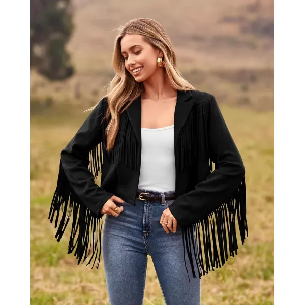 imageBTFBM Women Fashion Cropped Tassel Fringe Faux Suede Leather Jacket Fall Winter Long Sleeve Lapel Neck Moto Coat OutwearSolid Black