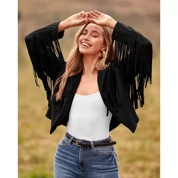 imageBTFBM Women Fashion Cropped Tassel Fringe Faux Suede Leather Jacket Fall Winter Long Sleeve Lapel Neck Moto Coat OutwearSolid Black