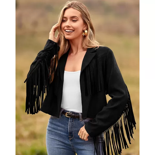 imageBTFBM Women Fashion Cropped Tassel Fringe Faux Suede Leather Jacket Fall Winter Long Sleeve Lapel Neck Moto Coat OutwearSolid Black