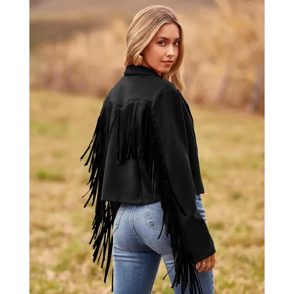 imageBTFBM Women Fashion Cropped Tassel Fringe Faux Suede Leather Jacket Fall Winter Long Sleeve Lapel Neck Moto Coat OutwearSolid Black